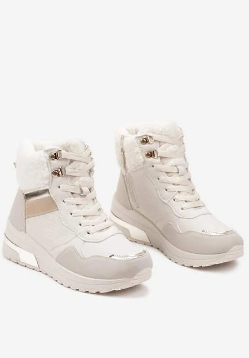 Beżowe Sneakersy na Koturnie z Futerkowym Obszyciem i Metalicznymi Detalami Promelia