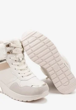Beżowe Sneakersy na Koturnie z Futerkowym Obszyciem i Metalicznymi Detalami Promelia