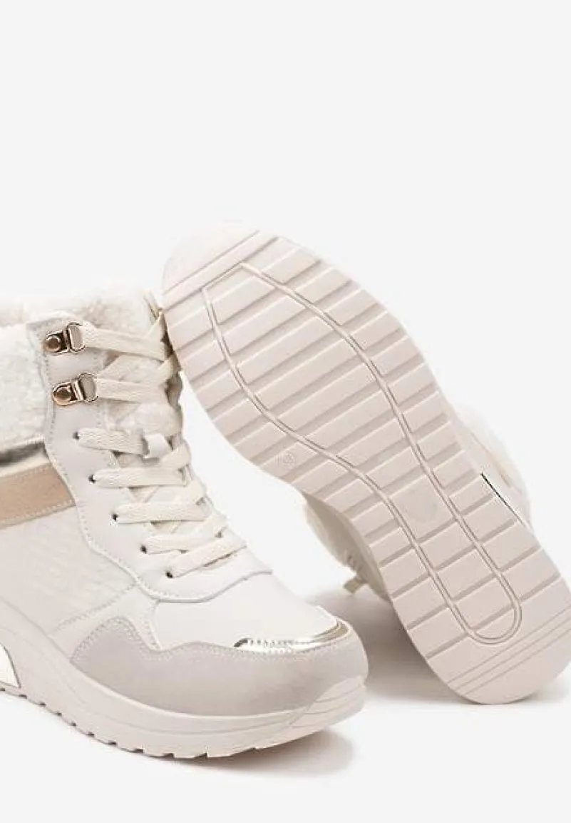 Beżowe Sneakersy na Koturnie z Futerkowym Obszyciem i Metalicznymi Detalami Promelia