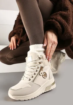 Beżowe Sneakersy na Koturnie za Kostkę z Metaliczną Ozdobą i Suwakiem Sinelara
