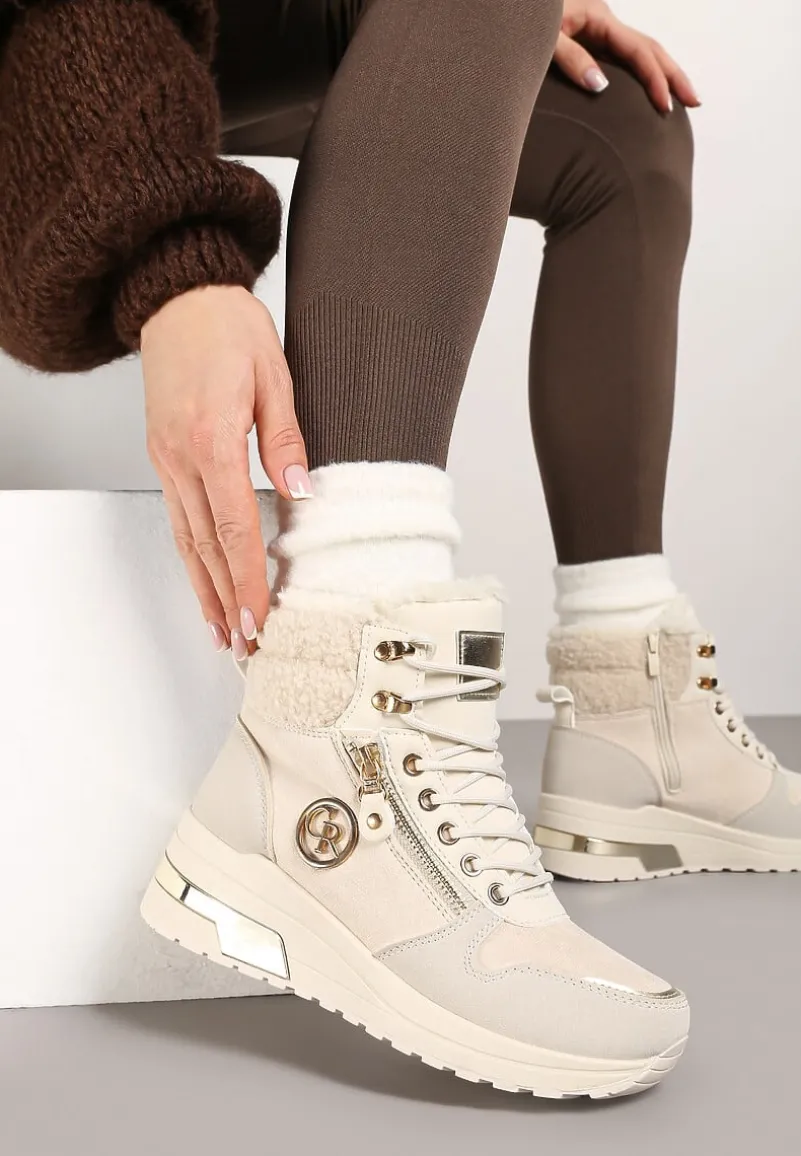 Beżowe Sneakersy na Koturnie za Kostkę z Metaliczną Ozdobą i Suwakiem Sinelara