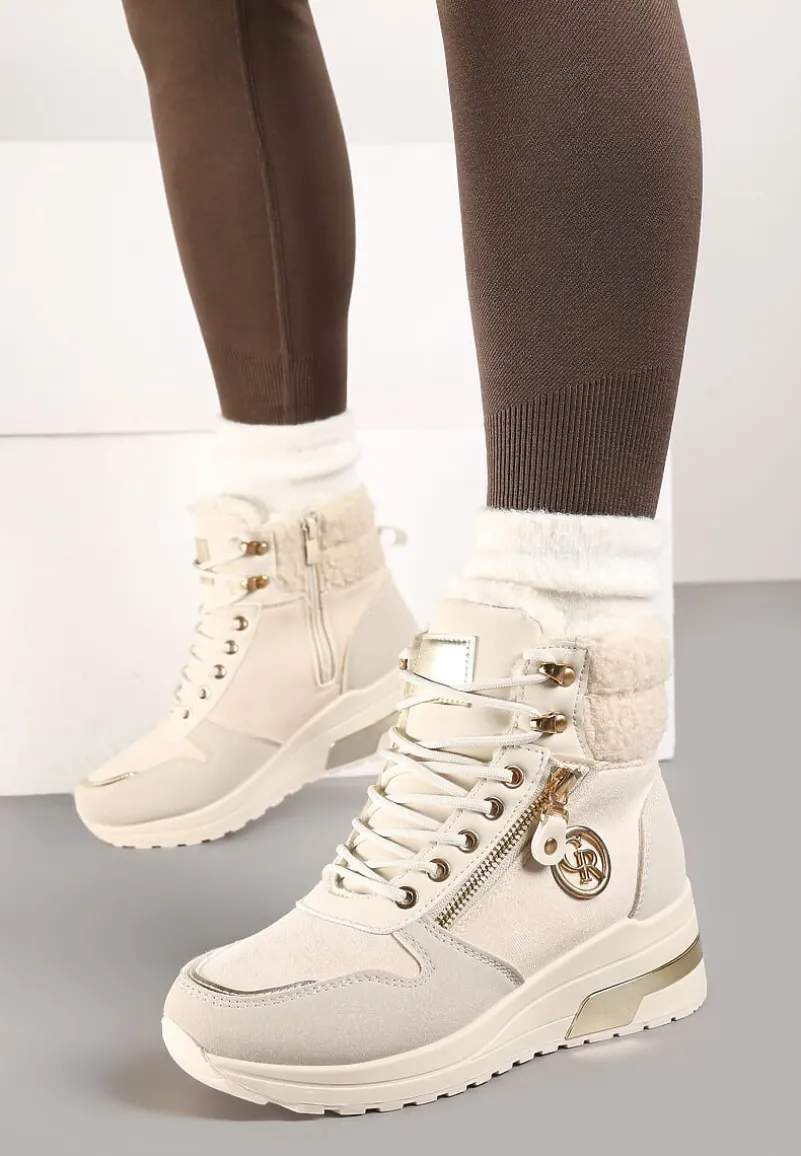 Beżowe Sneakersy na Koturnie za Kostkę z Metaliczną Ozdobą i Suwakiem Sinelara