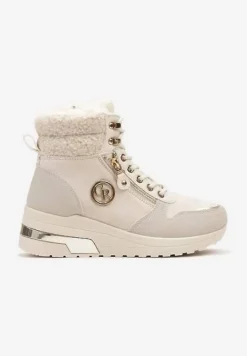 Beżowe Sneakersy na Koturnie za Kostkę z Metaliczną Ozdobą i Suwakiem Sinelara