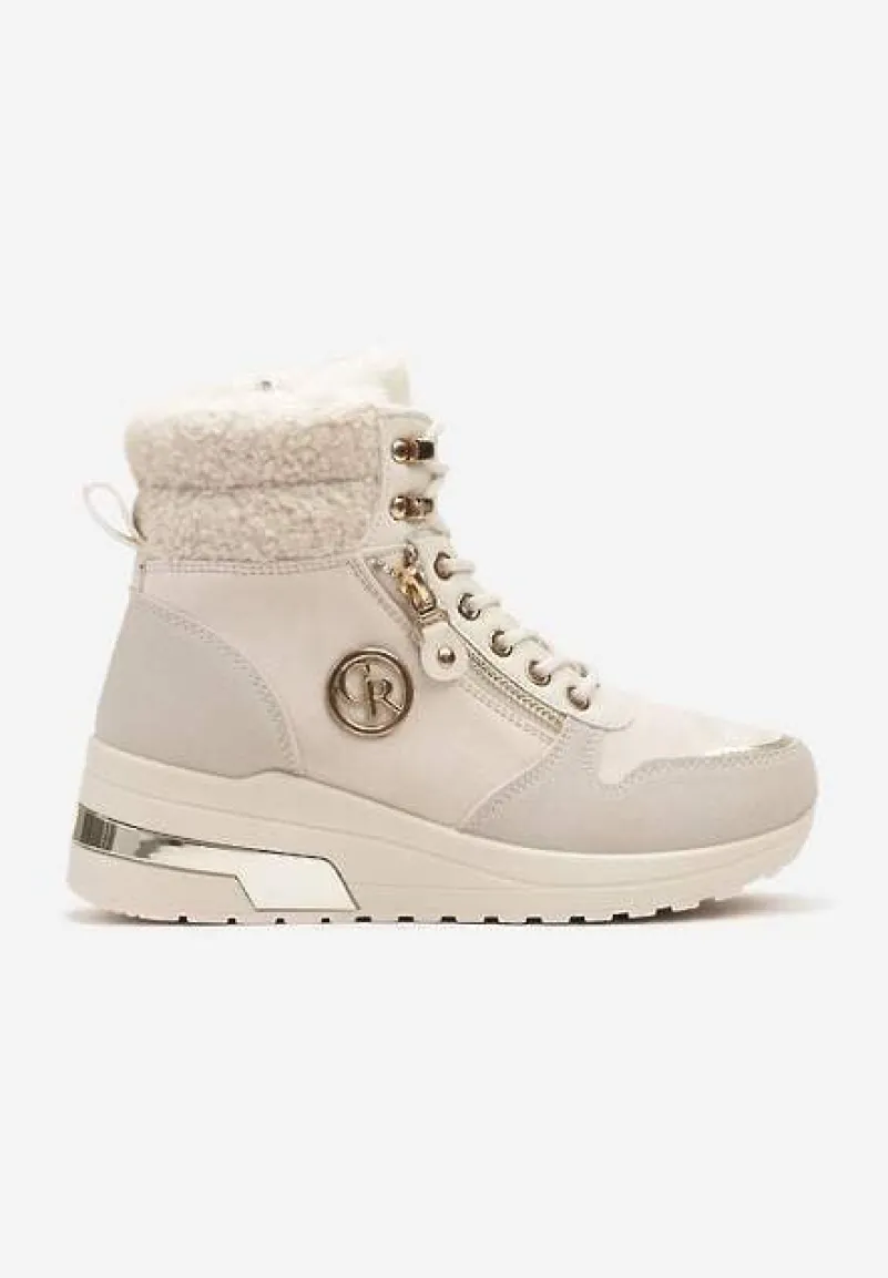 Beżowe Sneakersy na Koturnie za Kostkę z Metaliczną Ozdobą i Suwakiem Sinelara