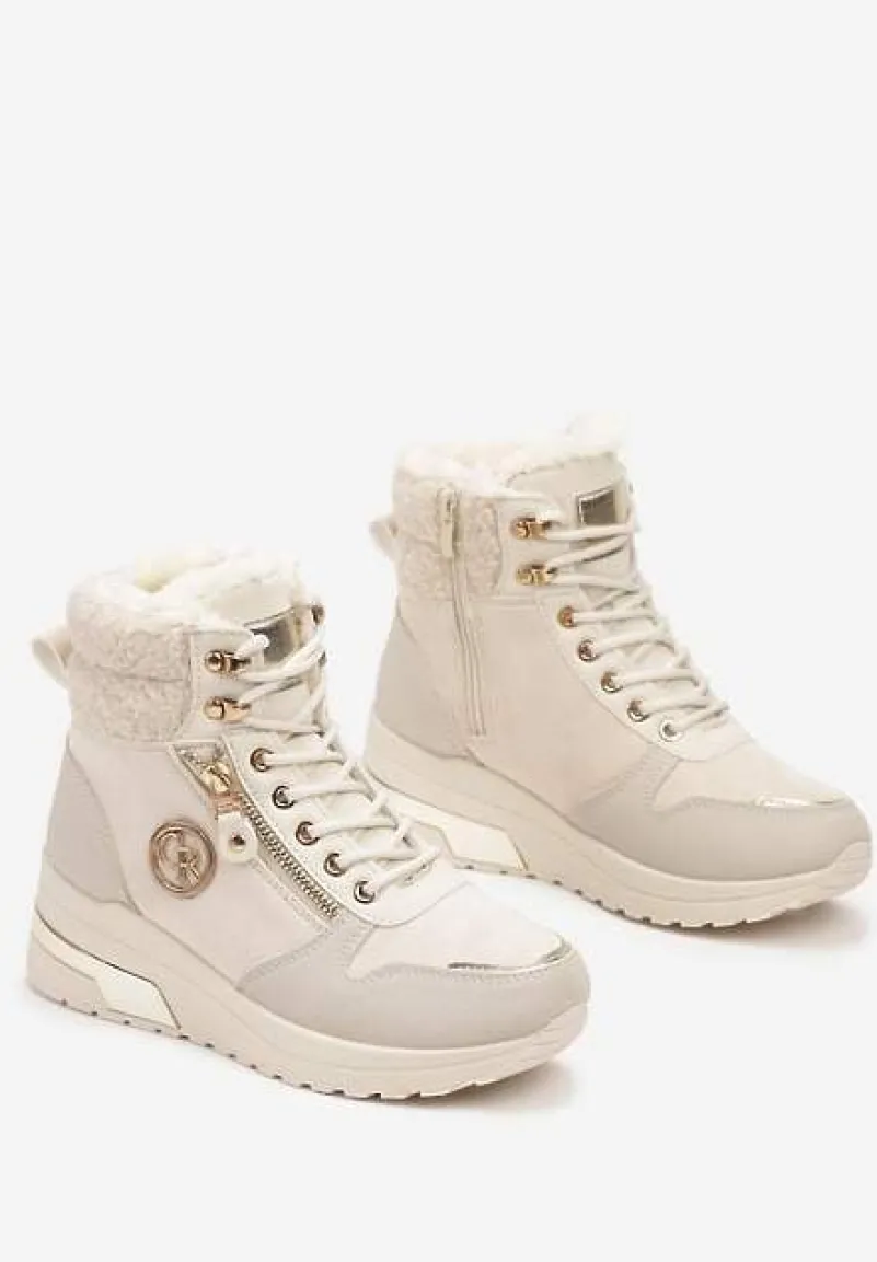 Beżowe Sneakersy na Koturnie za Kostkę z Metaliczną Ozdobą i Suwakiem Sinelara