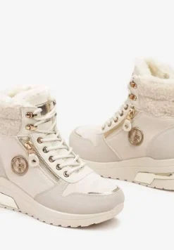 Beżowe Sneakersy na Koturnie za Kostkę z Metaliczną Ozdobą i Suwakiem Sinelara