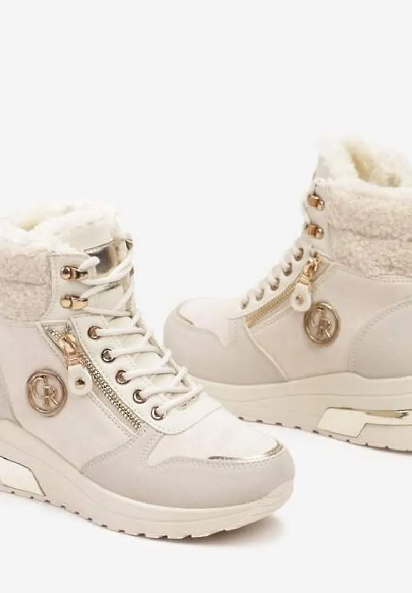 Beżowe Sneakersy na Koturnie za Kostkę z Metaliczną Ozdobą i Suwakiem Sinelara