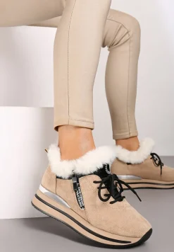 Beżowe Sneakersy na Płaskiej Podeszwie z Napisem i Futerkiem Taricea