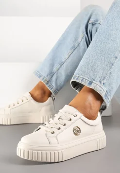 Beżowe Sneakersy na Platformie ze Skóry Naturalnej z Metaliczną Ozdobą Dolennea