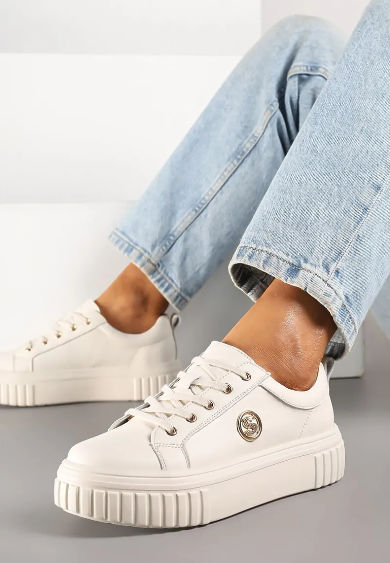 Beżowe Sneakersy na Platformie ze Skóry Naturalnej z Metaliczną Ozdobą Dolennea