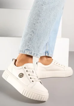 Beżowe Sneakersy na Platformie ze Skóry Naturalnej z Metaliczną Ozdobą Dolennea