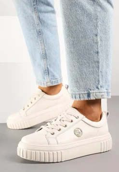 Beżowe Sneakersy na Platformie ze Skóry Naturalnej z Metaliczną Ozdobą Dolennea