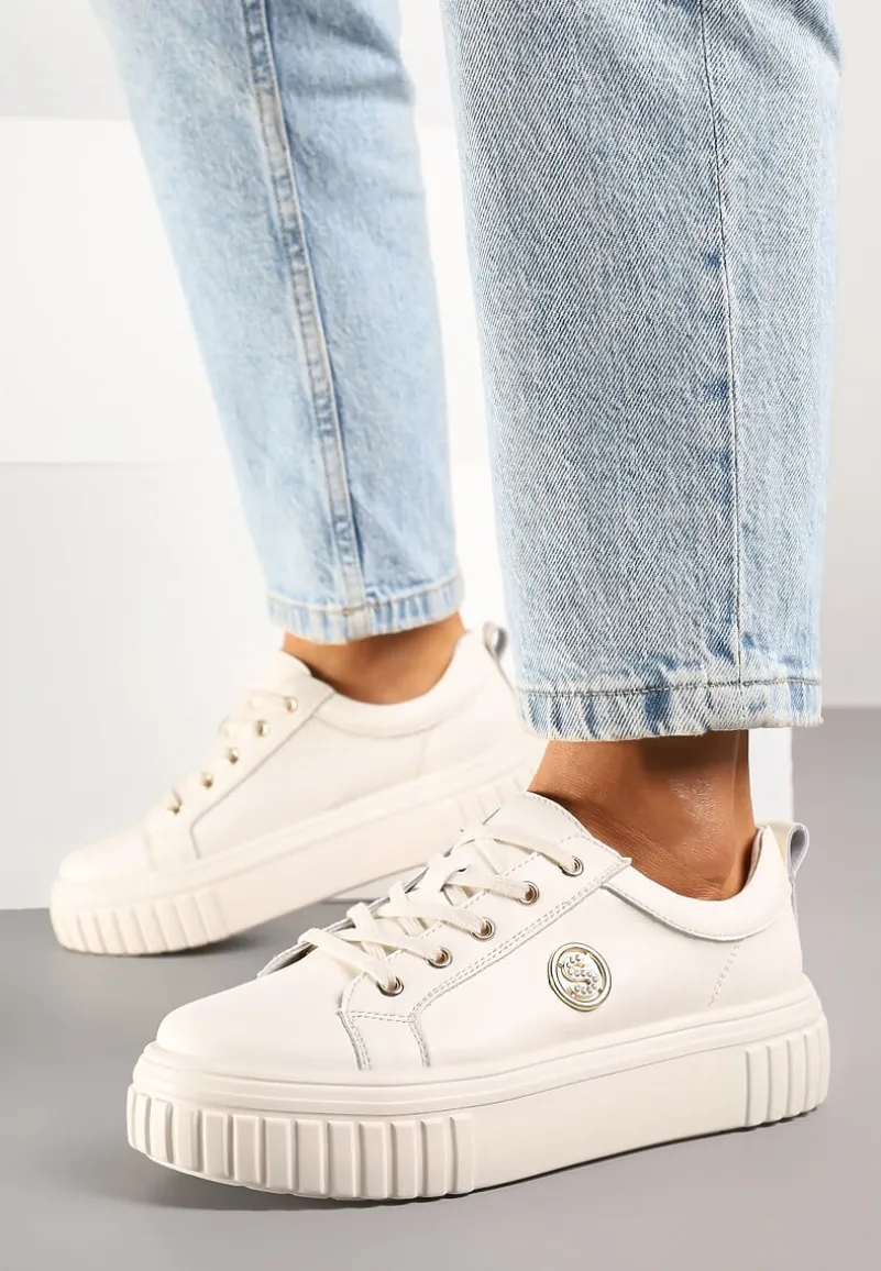 Beżowe Sneakersy na Platformie ze Skóry Naturalnej z Metaliczną Ozdobą Dolennea