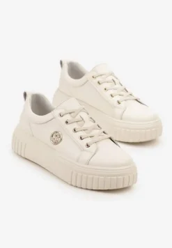 Beżowe Sneakersy na Platformie ze Skóry Naturalnej z Metaliczną Ozdobą Dolennea