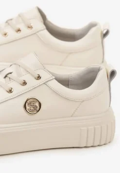 Beżowe Sneakersy na Platformie ze Skóry Naturalnej z Metaliczną Ozdobą Dolennea