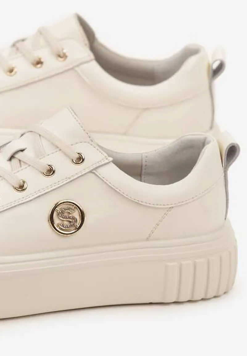 Beżowe Sneakersy na Platformie ze Skóry Naturalnej z Metaliczną Ozdobą Dolennea