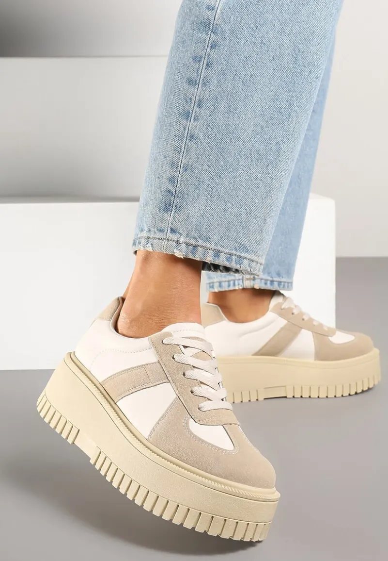 Beżowe Sneakersy na Platformie Ozdobione Paskiem Vivesse