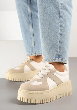 Beżowe Sneakersy na Platformie Ozdobione Paskiem Vivesse