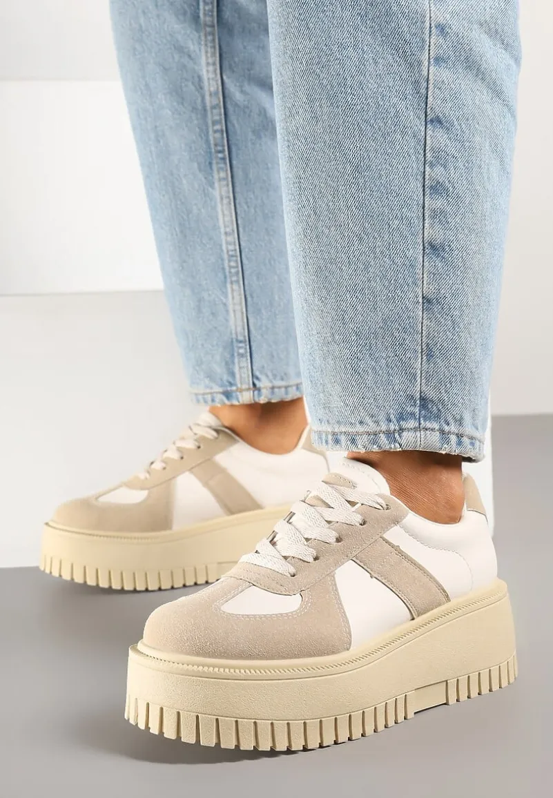 Beżowe Sneakersy na Platformie Ozdobione Paskiem Vivesse