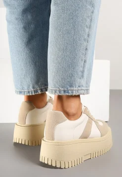 Beżowe Sneakersy na Platformie Ozdobione Paskiem Vivesse