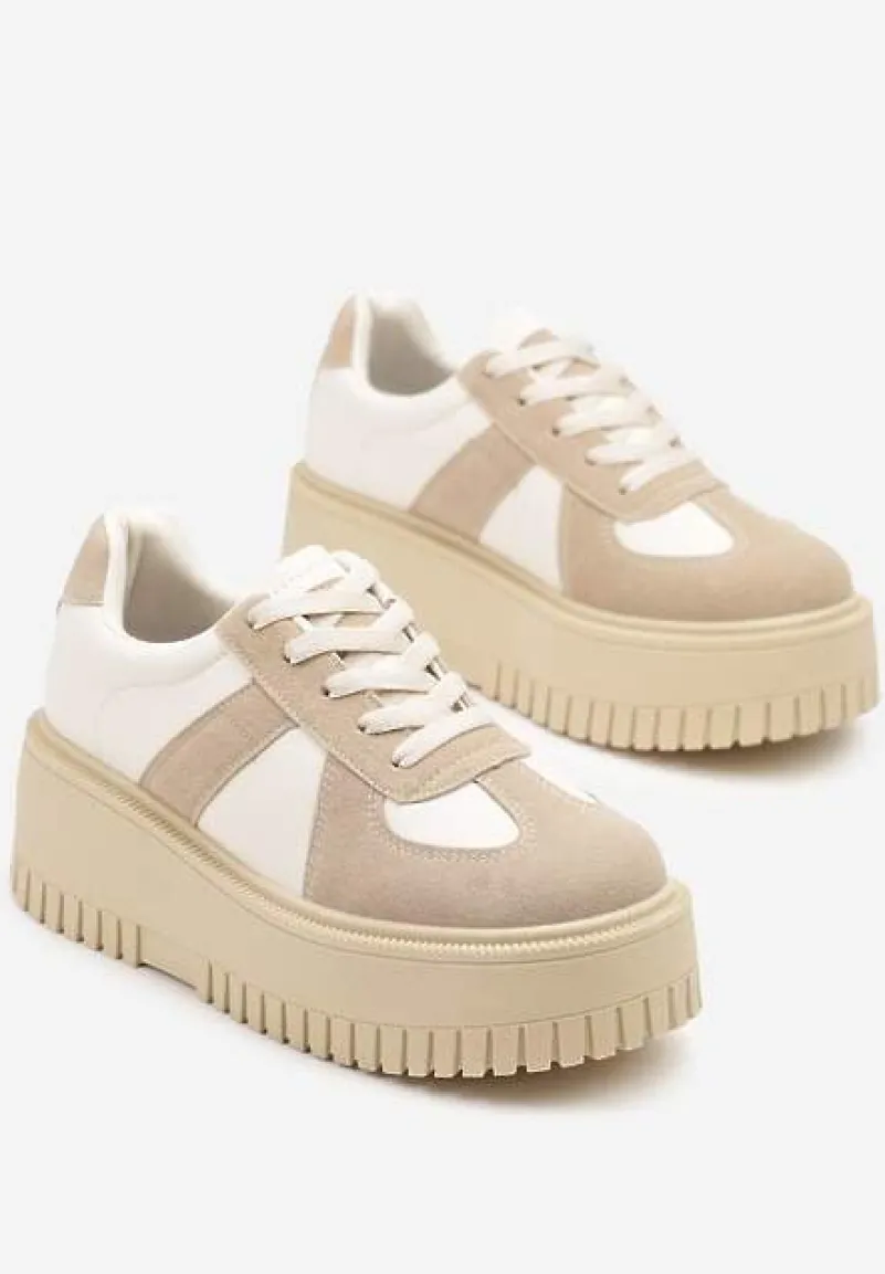 Beżowe Sneakersy na Platformie Ozdobione Paskiem Vivesse