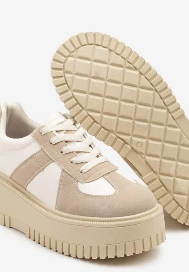 Beżowe Sneakersy na Platformie Ozdobione Paskiem Vivesse