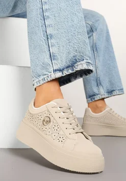 Beżowe Sneakersy na Platformie z Ażurowym Wykończeniem Isdisane