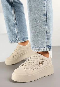 Beżowe Sneakersy na Platformie z Ażurowym Wykończeniem Isdisane