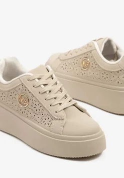 Beżowe Sneakersy na Platformie z Ażurowym Zdobieniem i Aplikacją Dalirnna