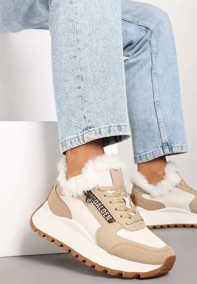 Beżowe Sneakersy na Platformie z Napisem Sznurowaniem i Futerkiem Vazina