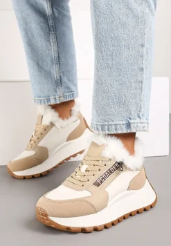 Beżowe Sneakersy na Platformie z Napisem Sznurowaniem i Futerkiem Vazina