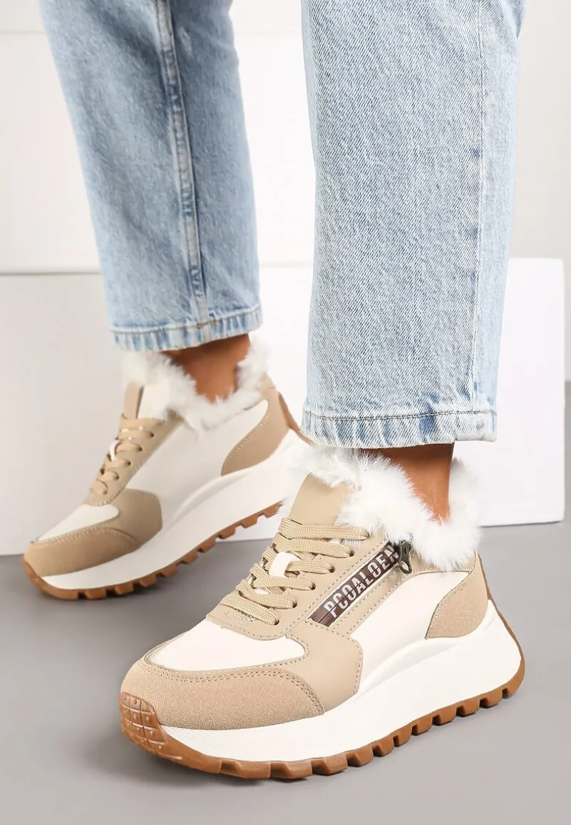 Beżowe Sneakersy na Platformie z Napisem Sznurowaniem i Futerkiem Vazina