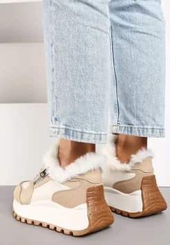 Beżowe Sneakersy na Platformie z Napisem Sznurowaniem i Futerkiem Vazina