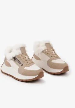 Beżowe Sneakersy na Platformie z Napisem Sznurowaniem i Futerkiem Vazina