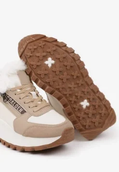 Beżowe Sneakersy na Platformie z Napisem Sznurowaniem i Futerkiem Vazina