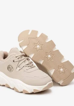 Beżowe Sneakersy na Platformie z Metaliczną Ozdobą i Geometrycznym Motywem Delasiel