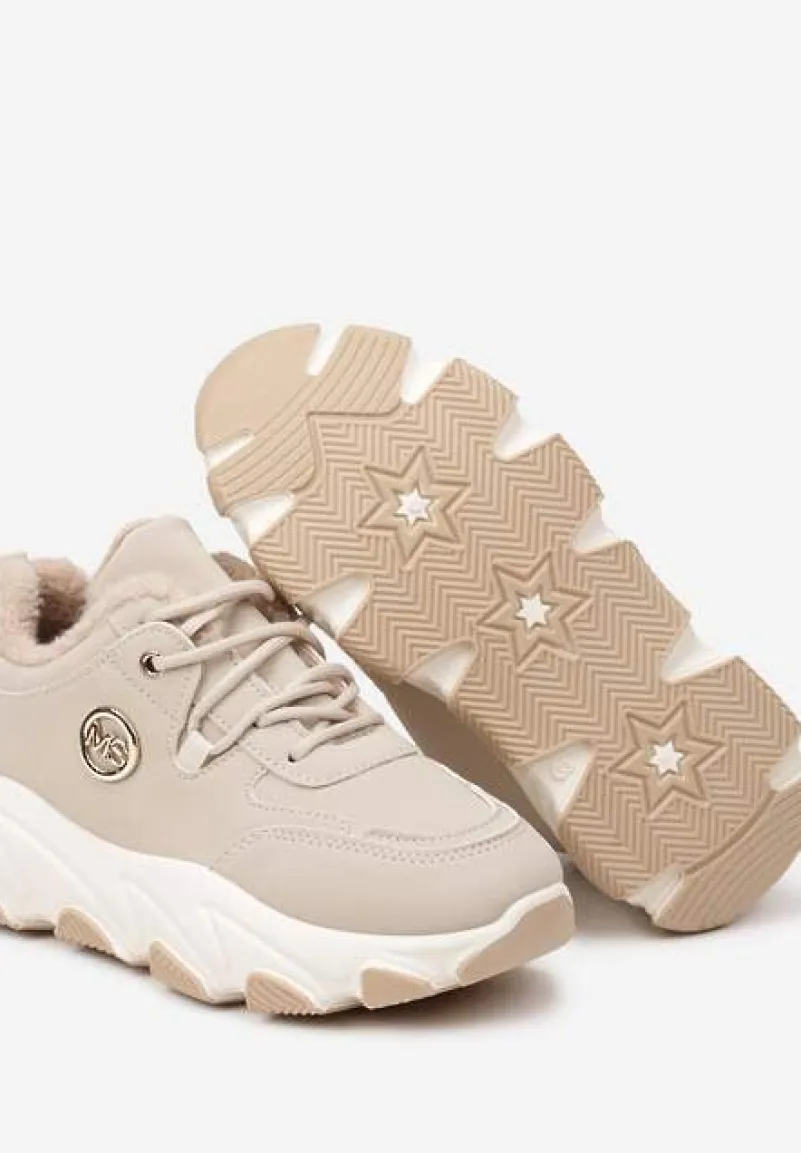 Beżowe Sneakersy na Platformie z Metaliczną Ozdobą i Geometrycznym Motywem Delasiel