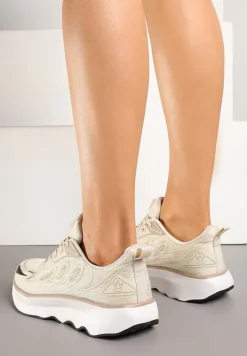 Beżowe Sneakersy na Podeszwie z Pianki Zdobione Geometrycznymi Detalami Ulianavia