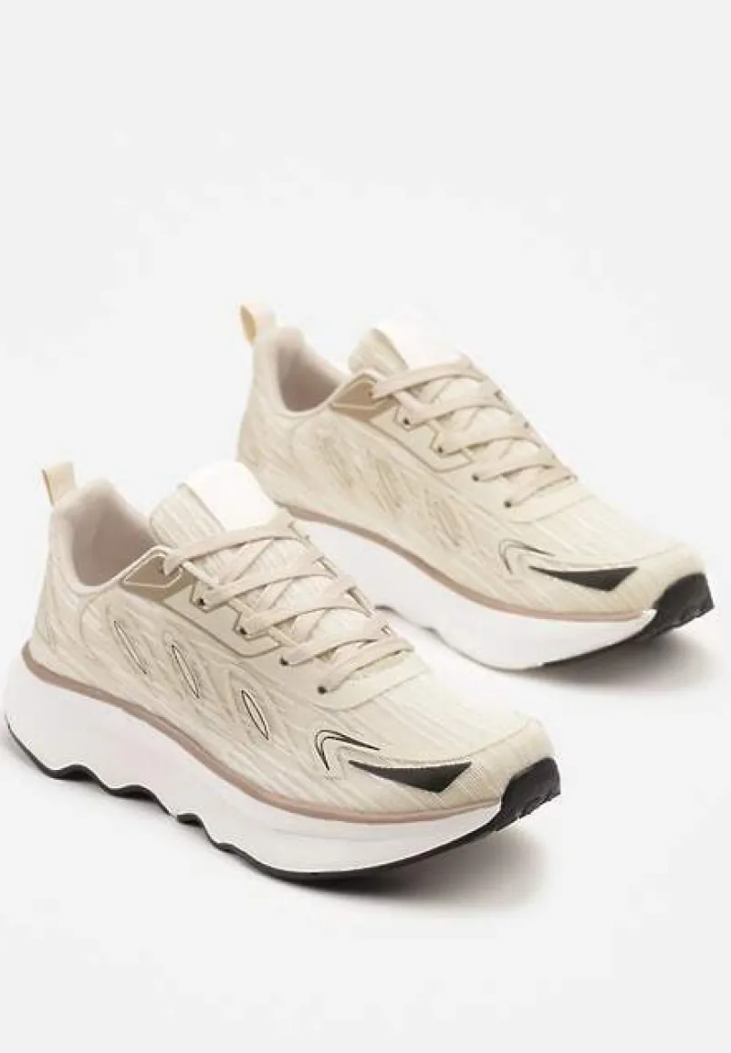 Beżowe Sneakersy na Podeszwie z Pianki Zdobione Geometrycznymi Detalami Ulianavia