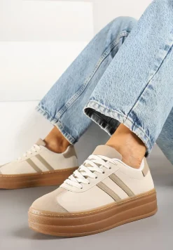 Beżowe Sneakersy na Tłoczonej Platformie Ozdobione Paskami Felainora