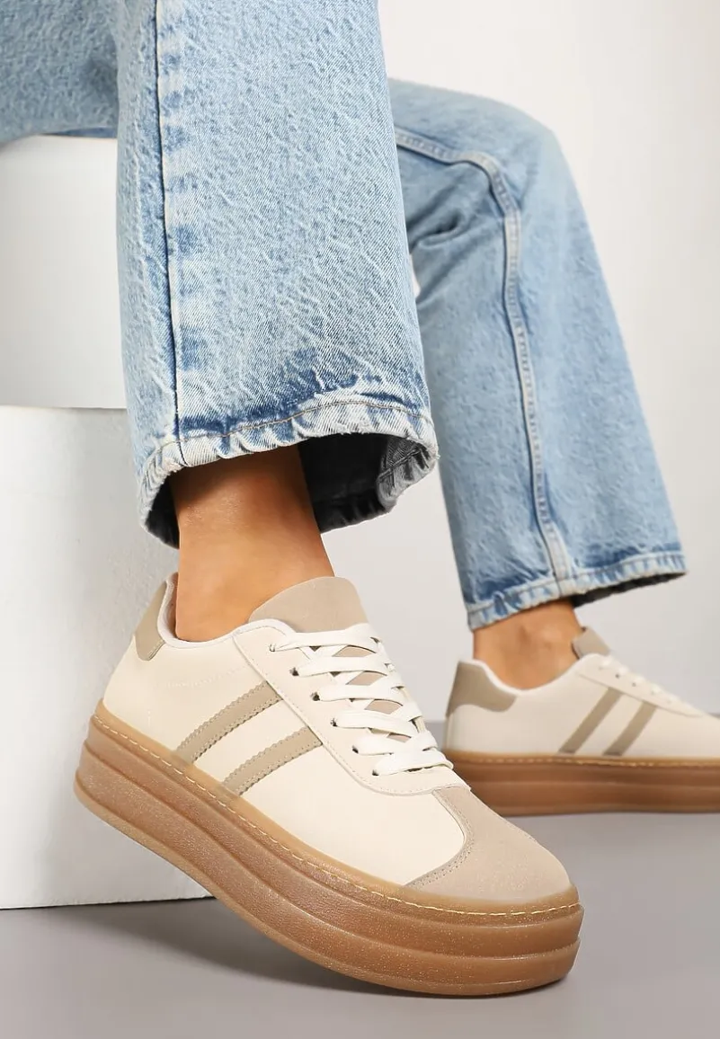 Beżowe Sneakersy na Tłoczonej Platformie Ozdobione Paskami Felainora