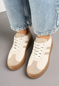 Beżowe Sneakersy na Tłoczonej Platformie Ozdobione Paskami Felainora