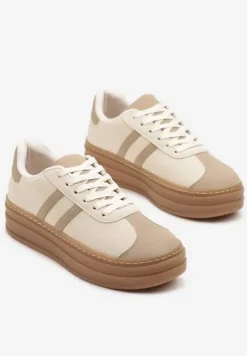 Beżowe Sneakersy na Tłoczonej Platformie Ozdobione Paskami Felainora