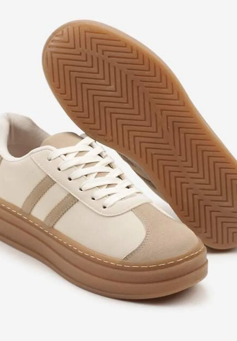 Beżowe Sneakersy na Tłoczonej Platformie Ozdobione Paskami Felainora
