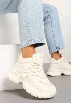 Beżowe Sneakersy na Tłoczonej Podeszwie Ocieplone Futerkiem Miaola