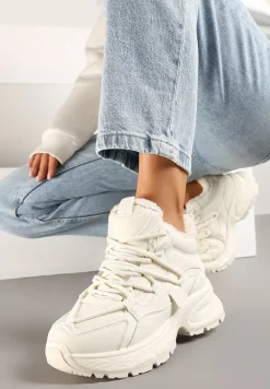 Beżowe Sneakersy na Tłoczonej Podeszwie Ocieplone Futerkiem Miaola