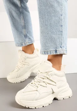 Beżowe Sneakersy na Tłoczonej Podeszwie Ocieplone Futerkiem Miaola