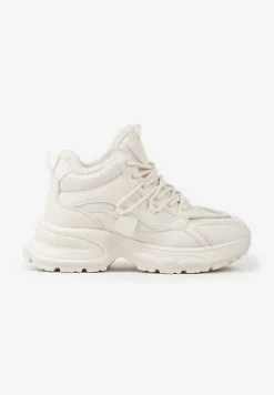 Beżowe Sneakersy na Tłoczonej Podeszwie Ocieplone Futerkiem Miaola