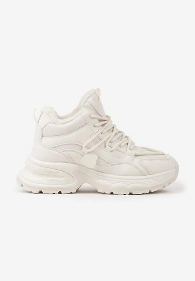 Beżowe Sneakersy na Tłoczonej Podeszwie Ocieplone Futerkiem Miaola