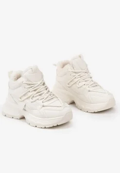 Beżowe Sneakersy na Tłoczonej Podeszwie Ocieplone Futerkiem Miaola